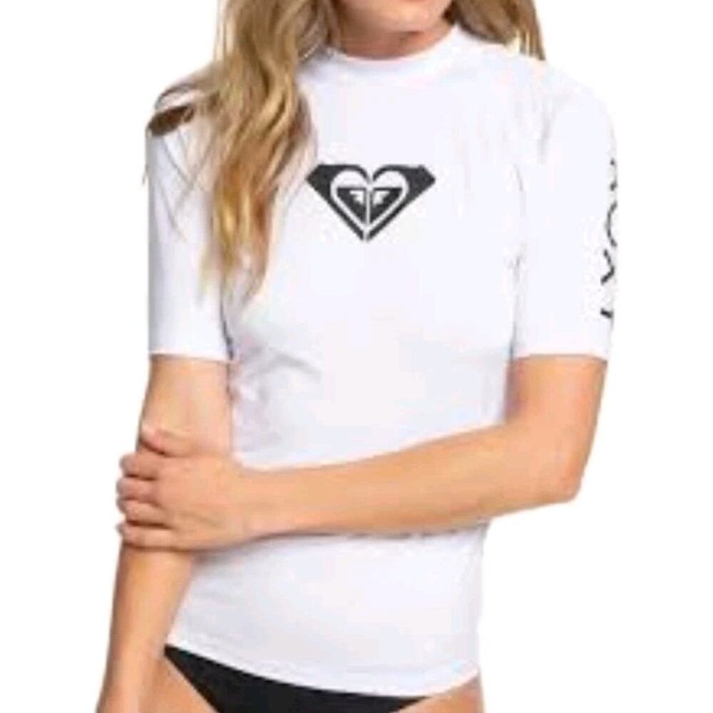 Roxy Whole Hearted Rash Guard Women L UPF 50+ Short Sleeve Surf Swim Top